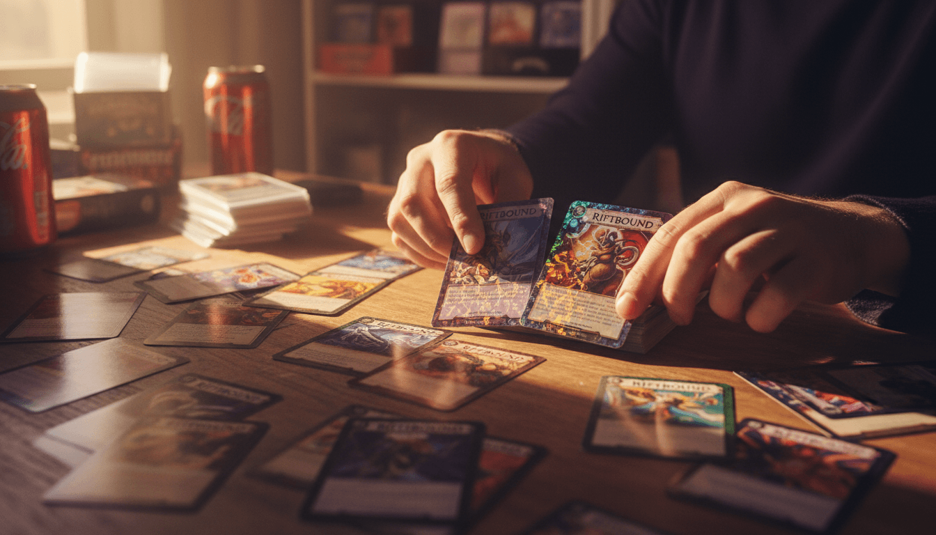 Hands sorting through colorful trading cards on a table