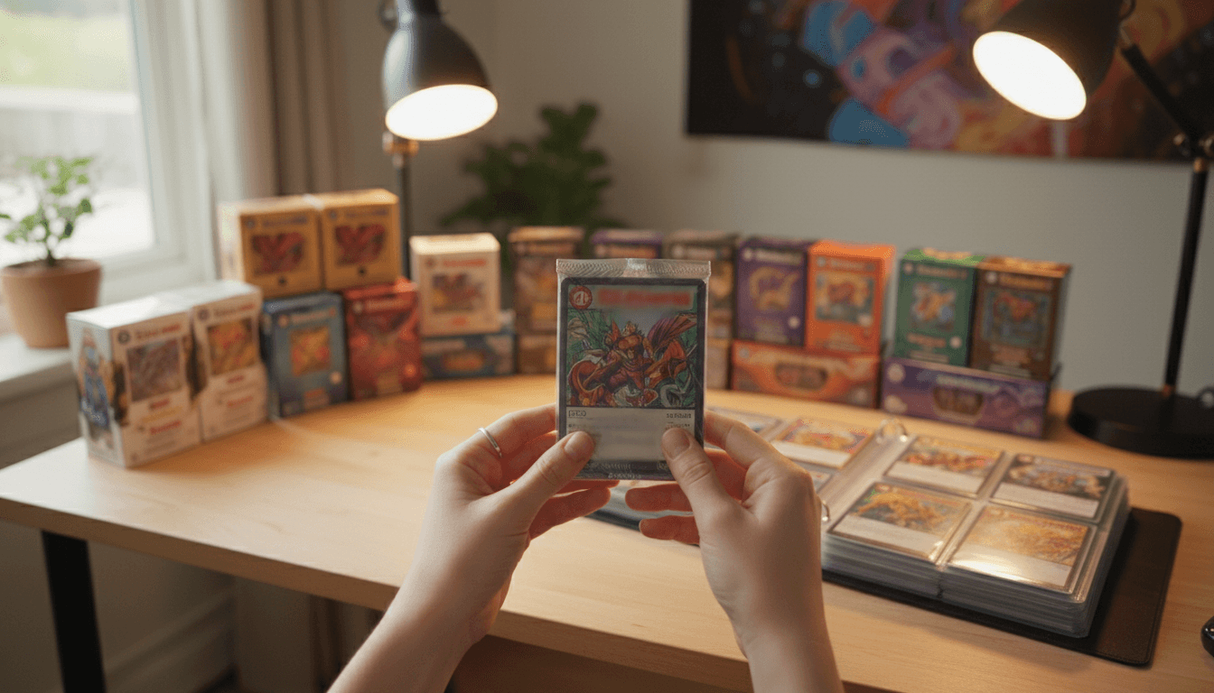 Hands holding a sealed trading card pack up to a camera during a live stream