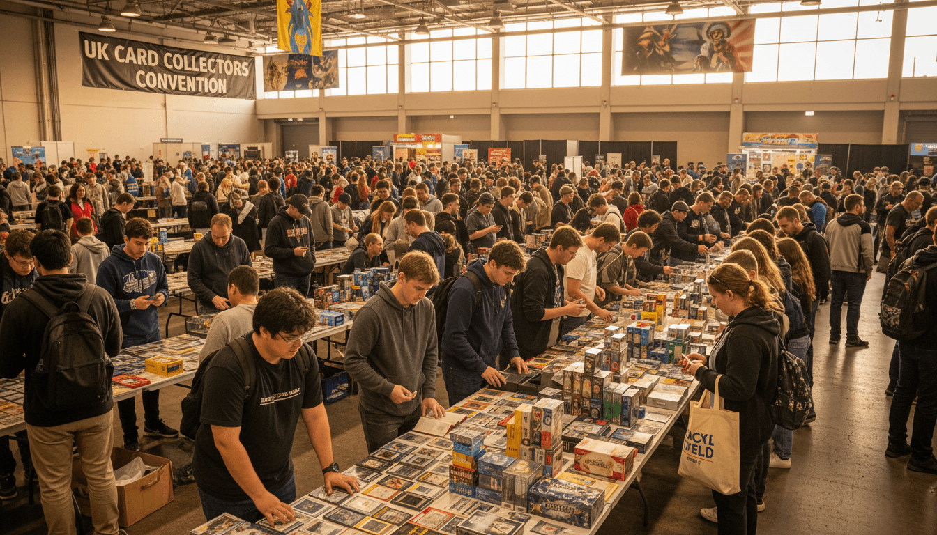 Crowded trading card show hall with tables of cards