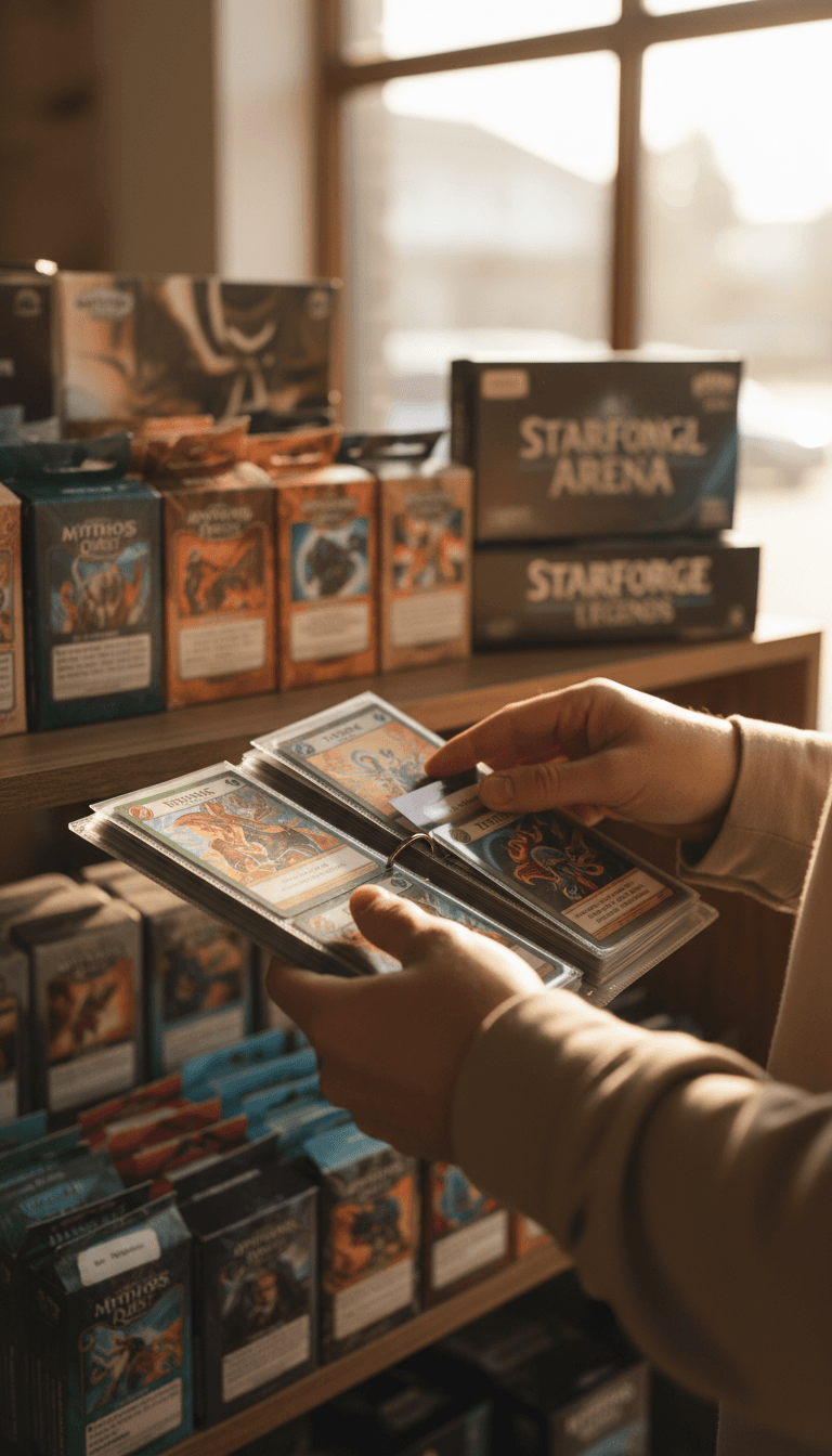 Hands browsing through a trading card binder in a cozy shop setting