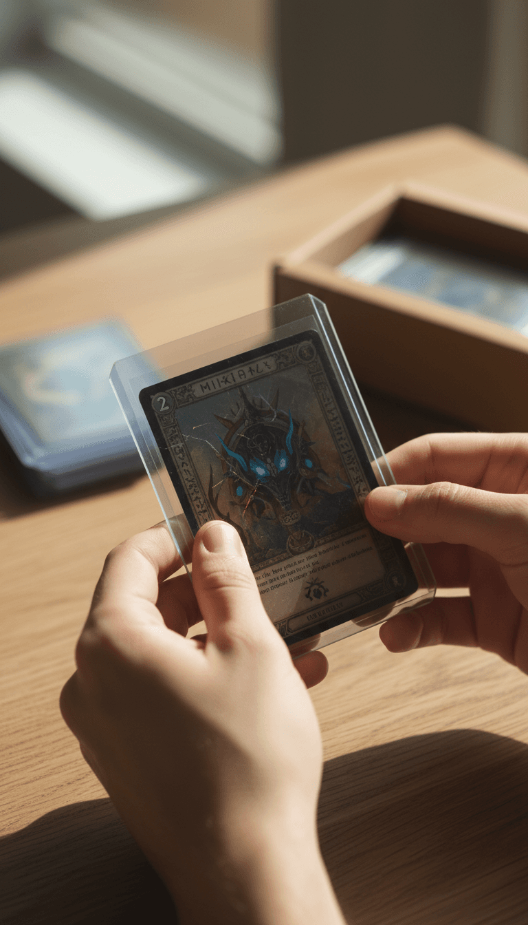 Hands inspecting a trading card in a protective sleeve