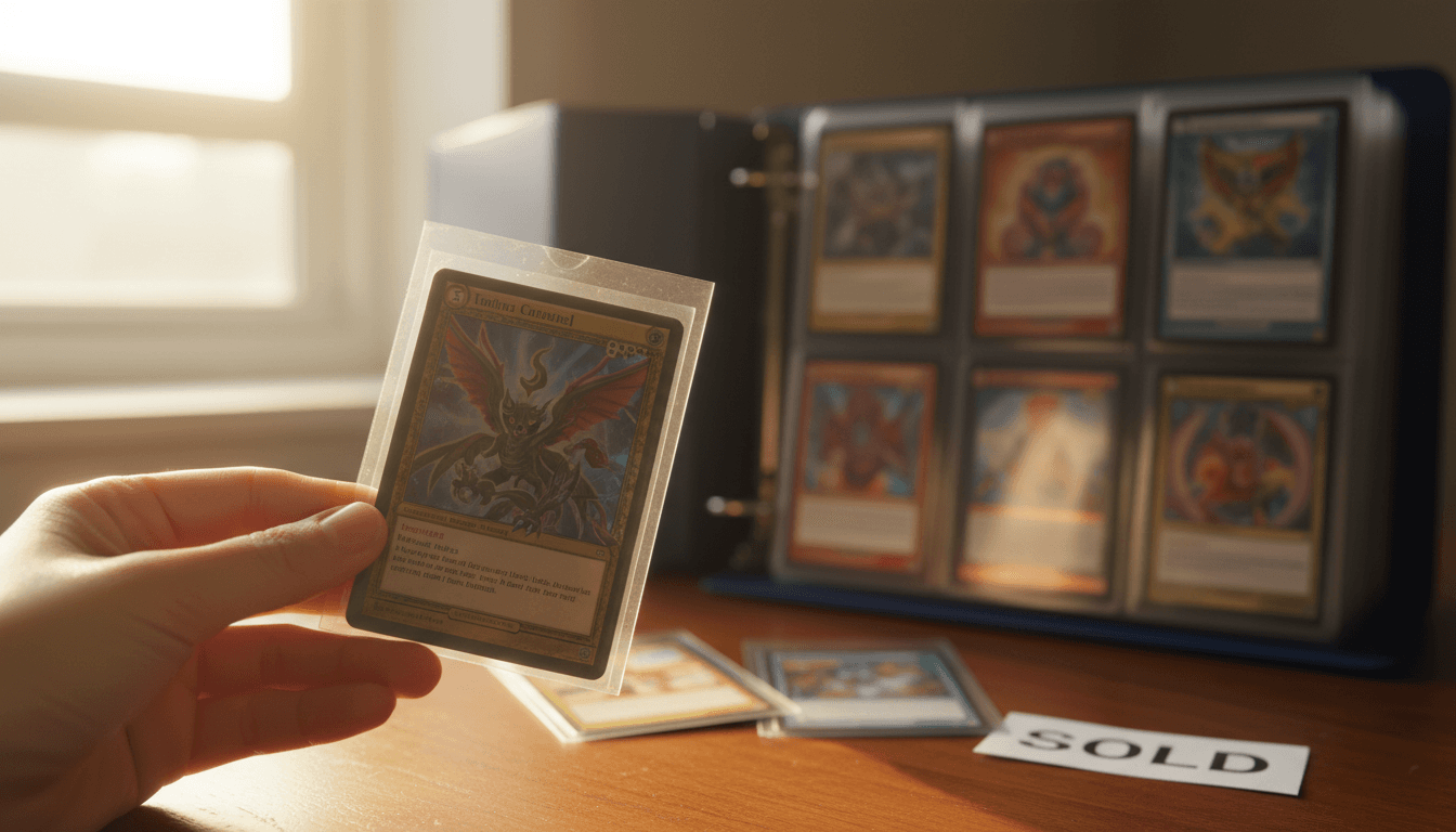 Hand holding a sleeved trading card with organized binders nearby