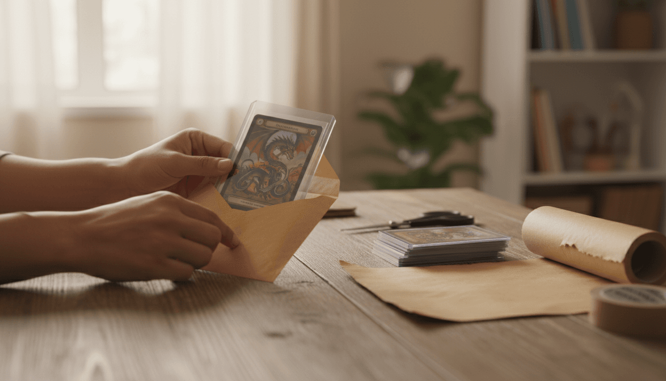 Hands carefully sleeving a trading card before shipping