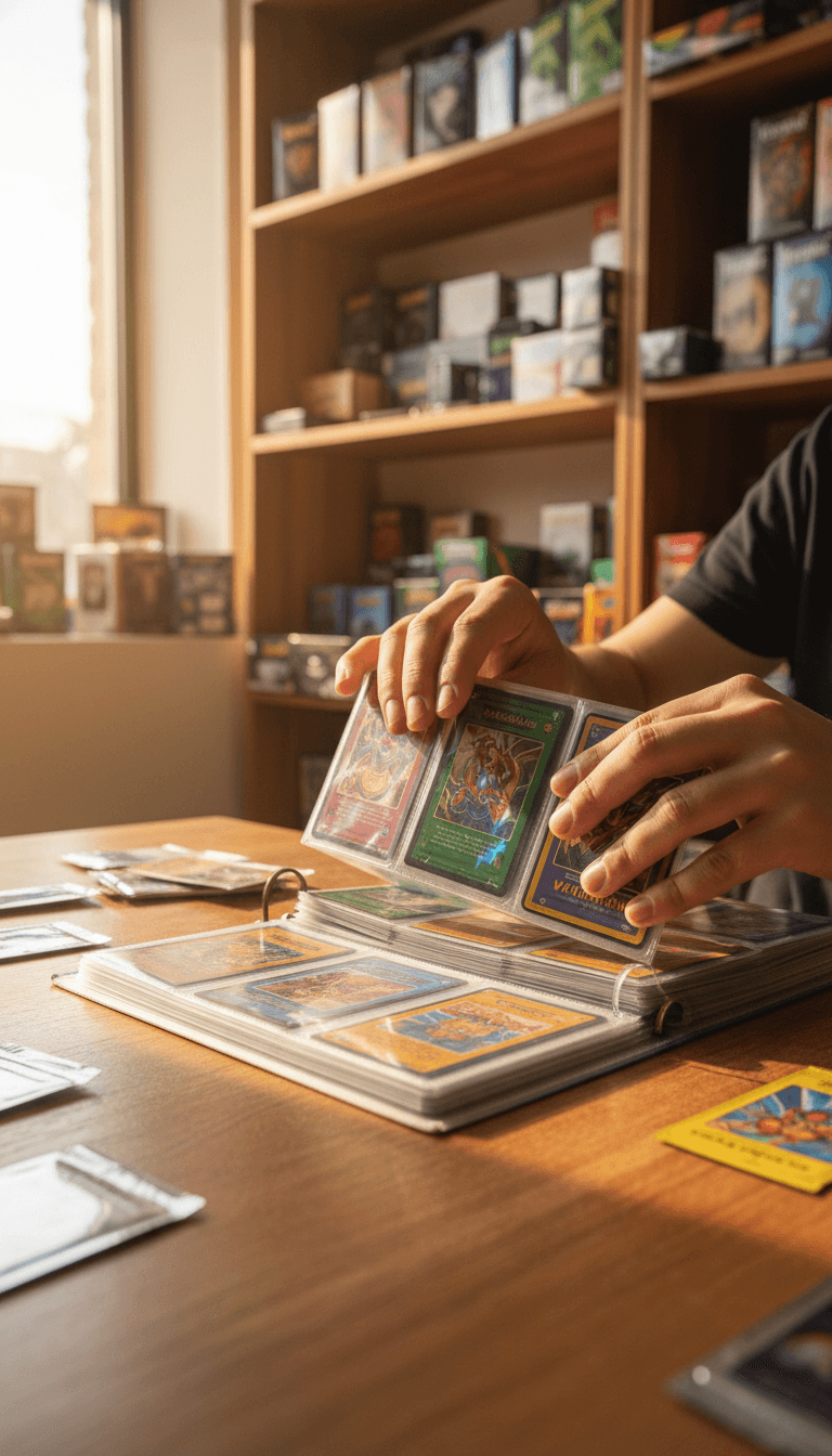 Hands flipping through a binder of trading cards