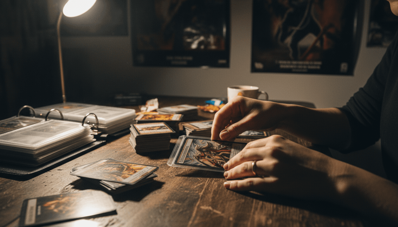 Hands carefully sleeving a trading card at a wooden table with a warm desk lamp