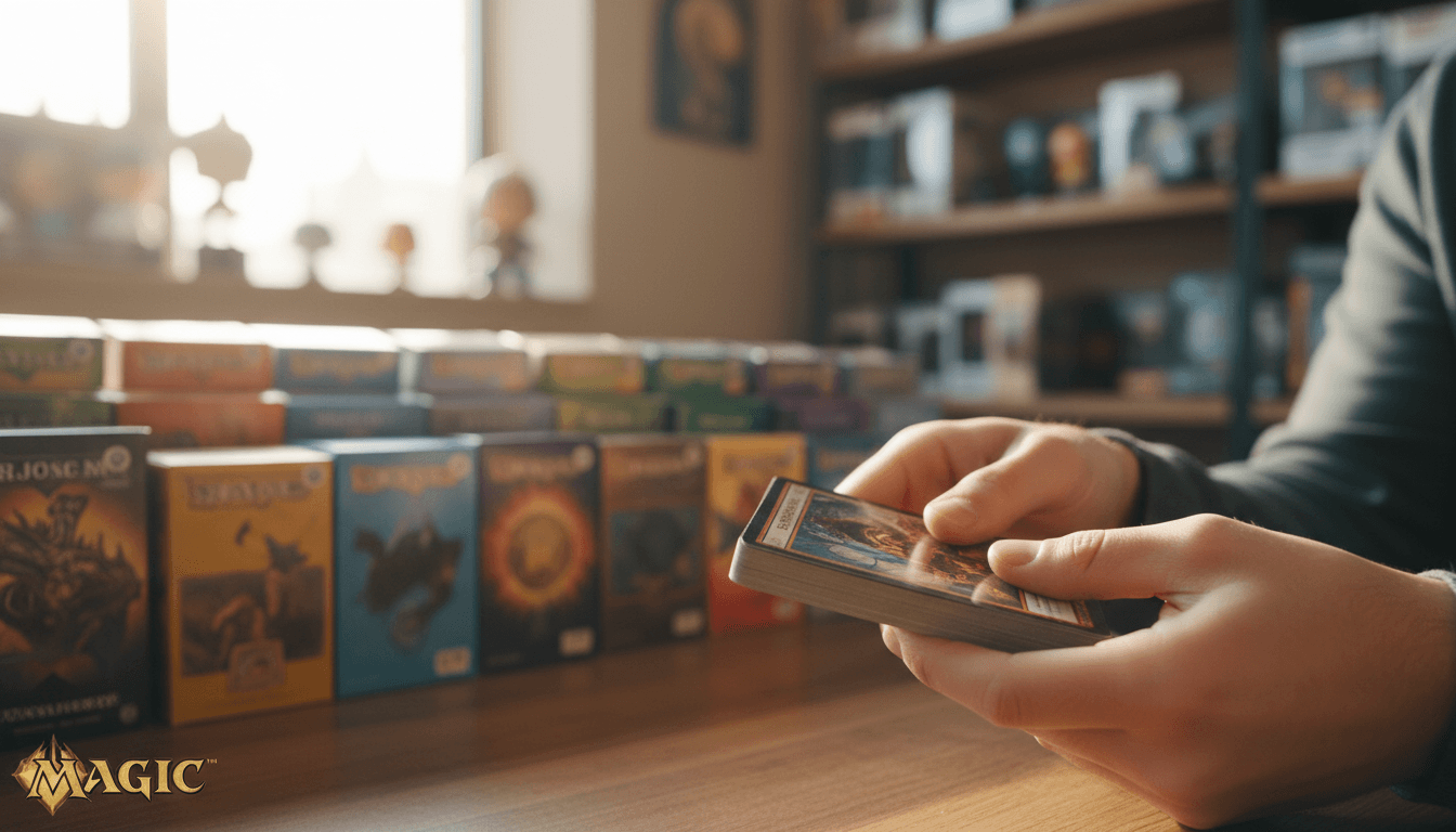 Hands holding a deck of trading cards in a warm, cozy game store