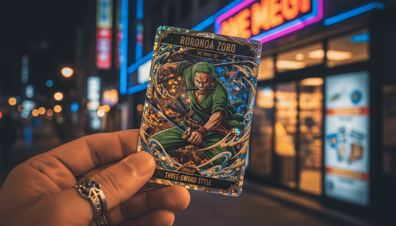 One Piece Roronoa Zoro card held up