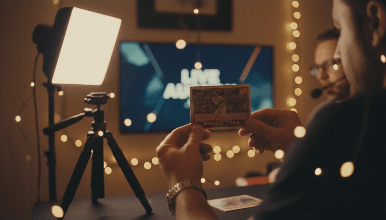 Hands holding up a trading card during a live auction stream