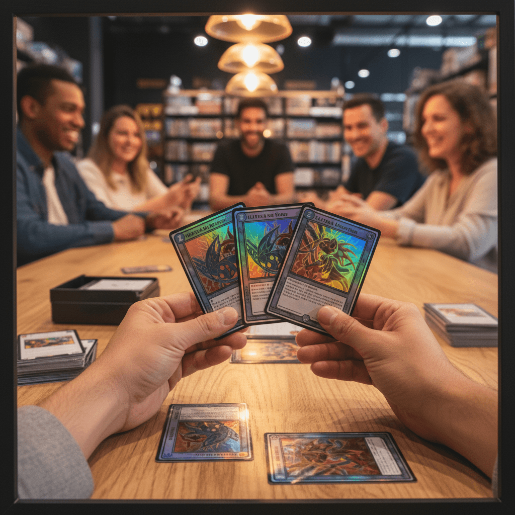 Hands sorting through trading cards on a table