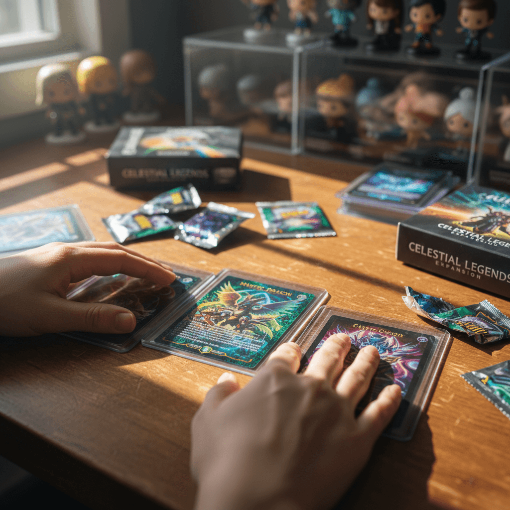 Assorted trading cards fanned out on a dark table with a sealed booster pack