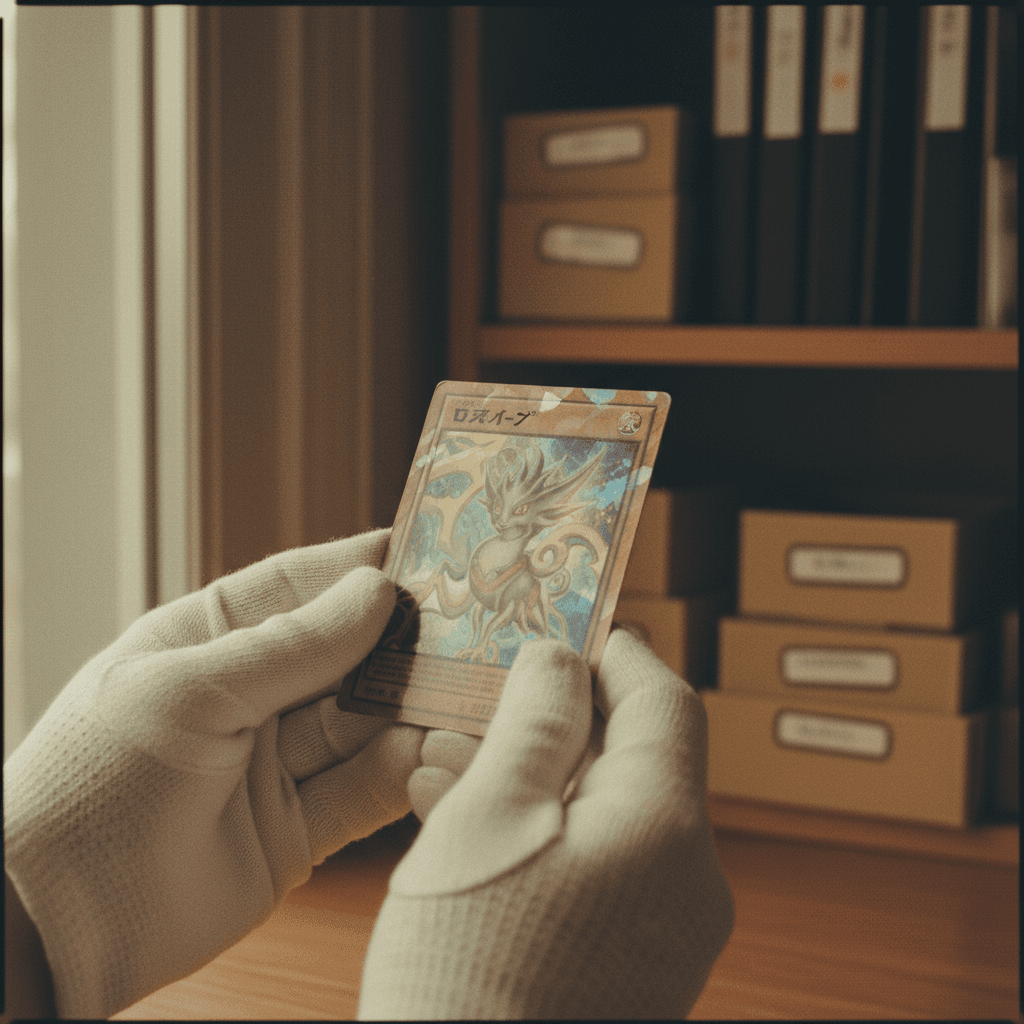 Hands holding a fanned spread of colorful trading cards over a worn wooden table in a cozy game shop