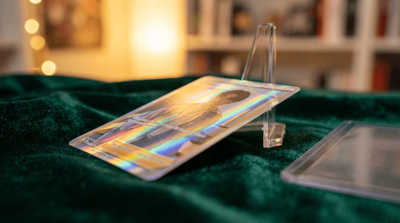 Close-up of a holographic card with neon green and purple foil