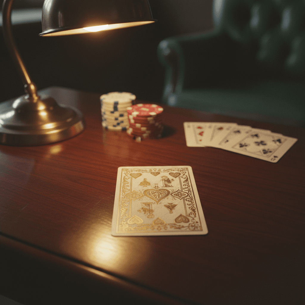 Tabletop covered with trading cards, dice, and playmats under moody neon lighting