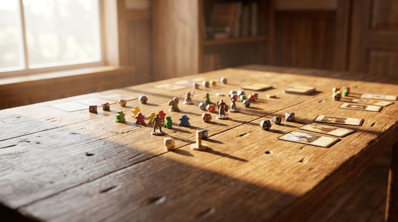 Trading cards and dice spread across a game table with warm lighting