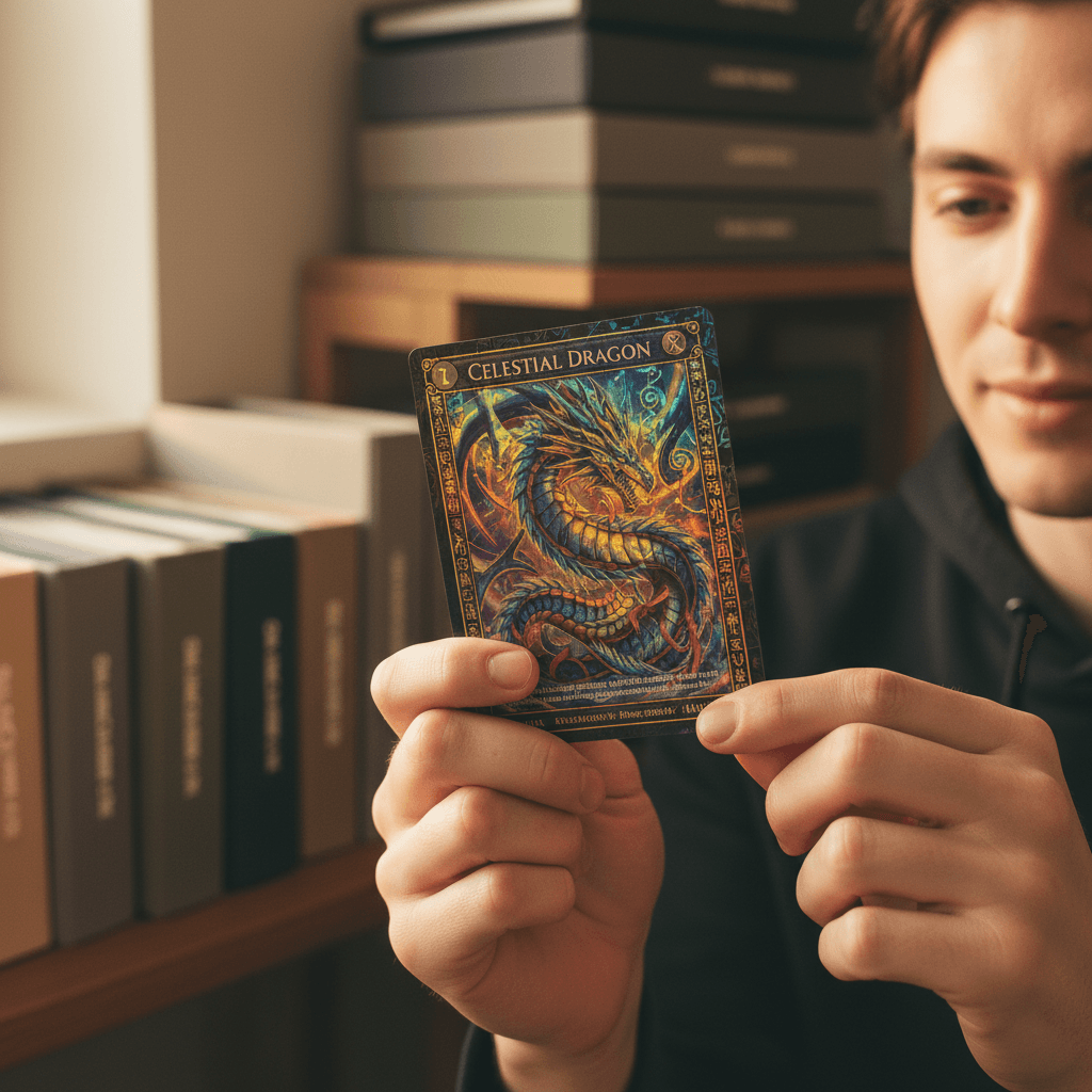 Hands holding a fan of trading cards with green and purple lighting