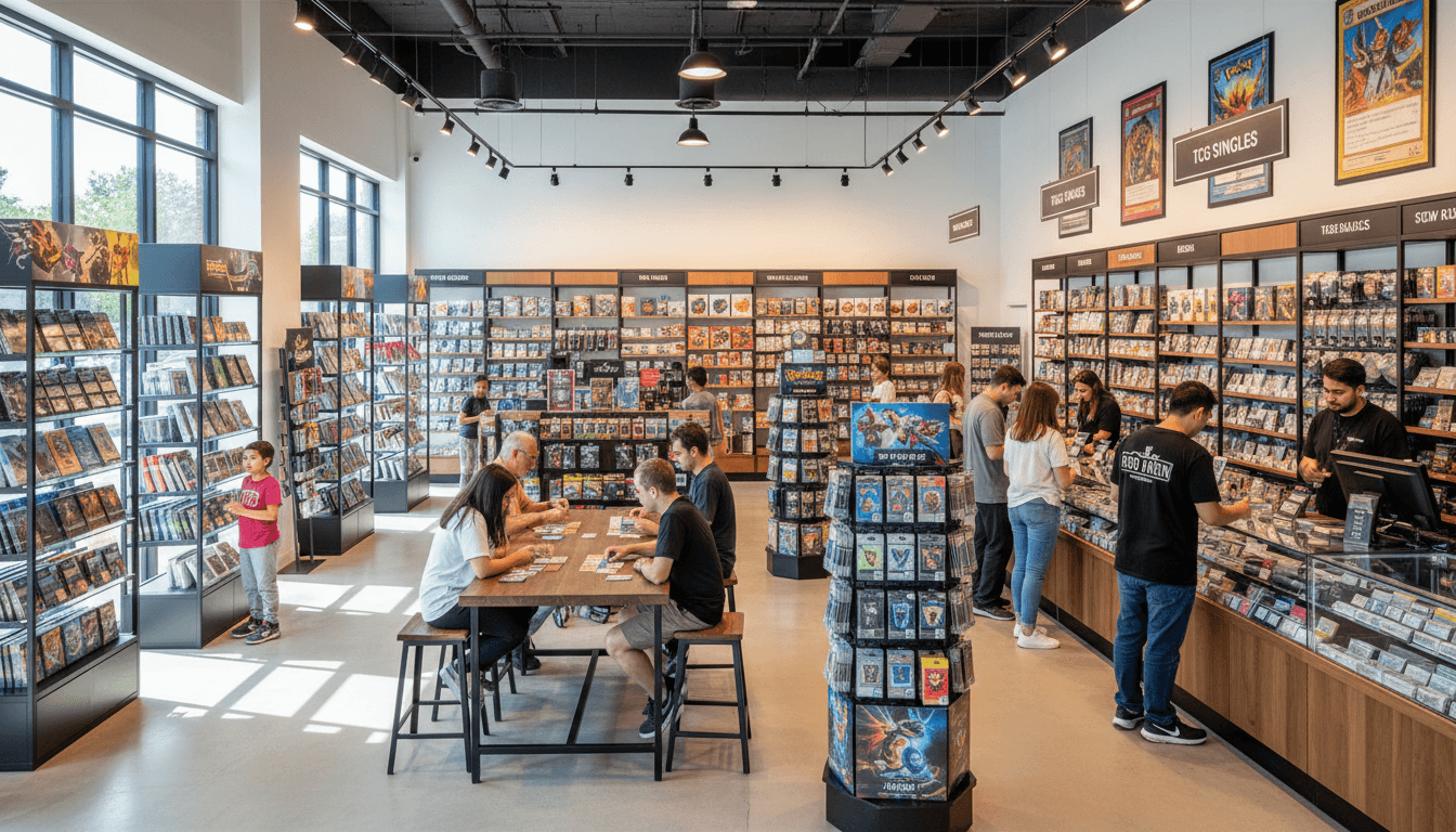 Colorful trading card game products displayed in a shop