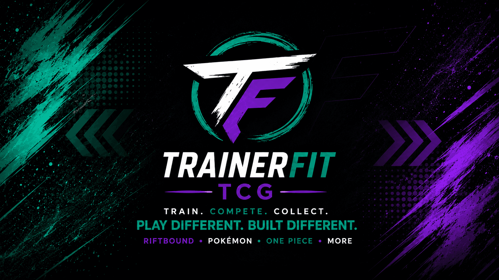 TrainerFit TCG logo with teal and purple paint splatters, featuring slogans and card game titles.